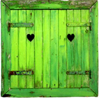 A green wooden shutter with heart-shaped cutouts and metal hinges.